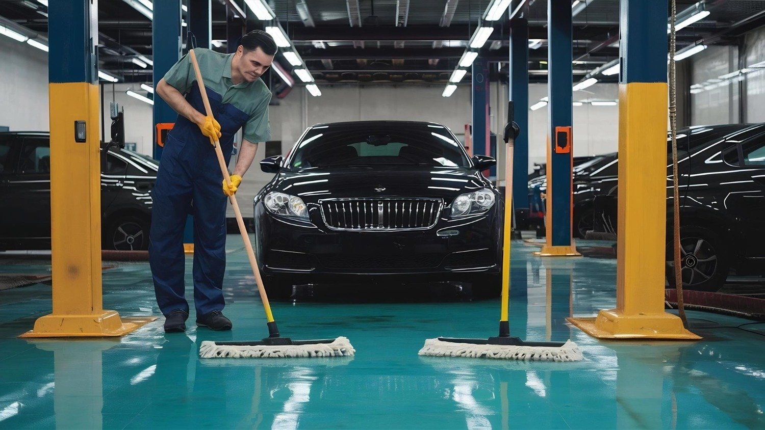 A cleaner mopping the floor of an automotive workshop.