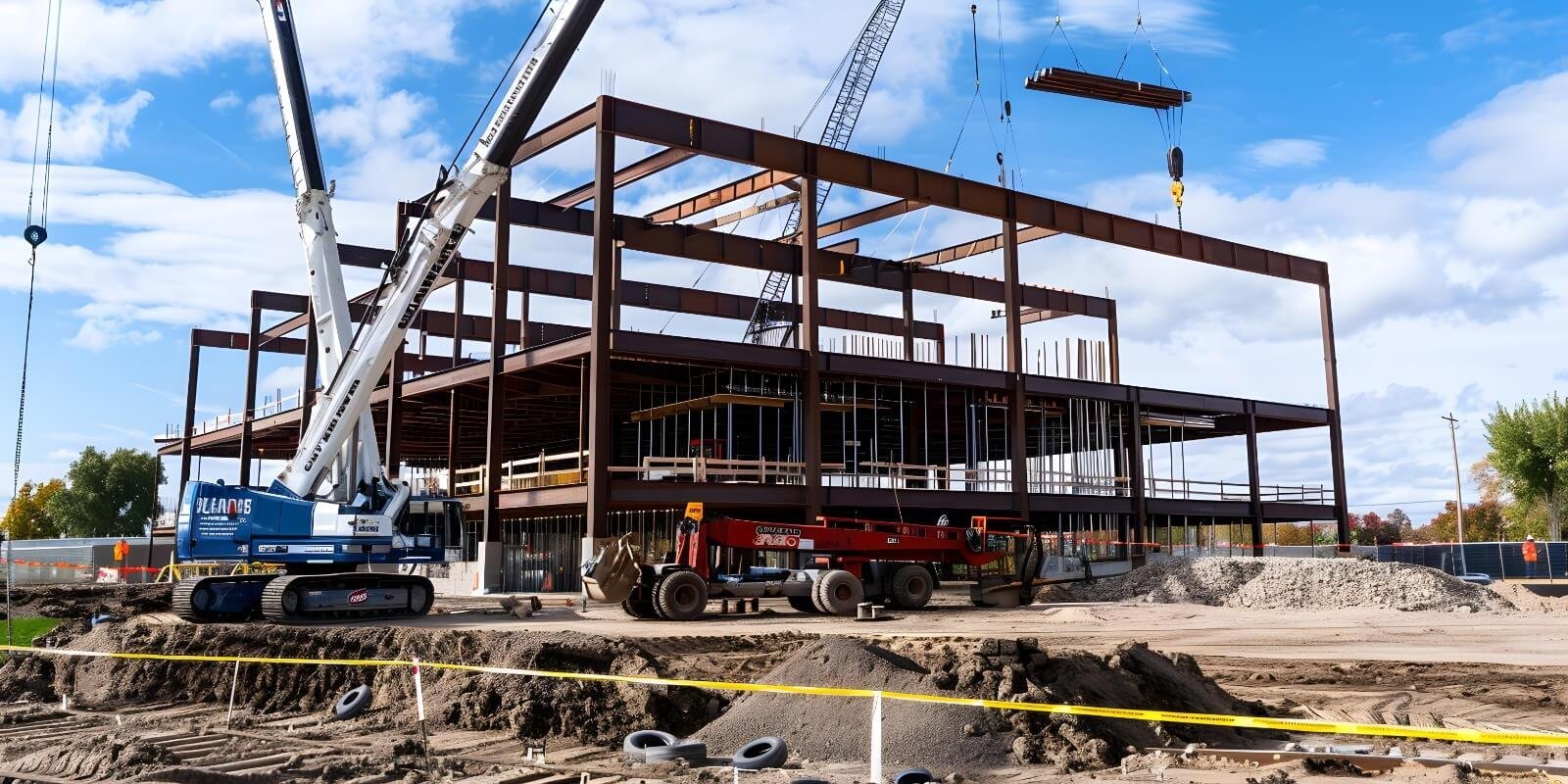 Steel framing and construction equipment at a commercial building site.
