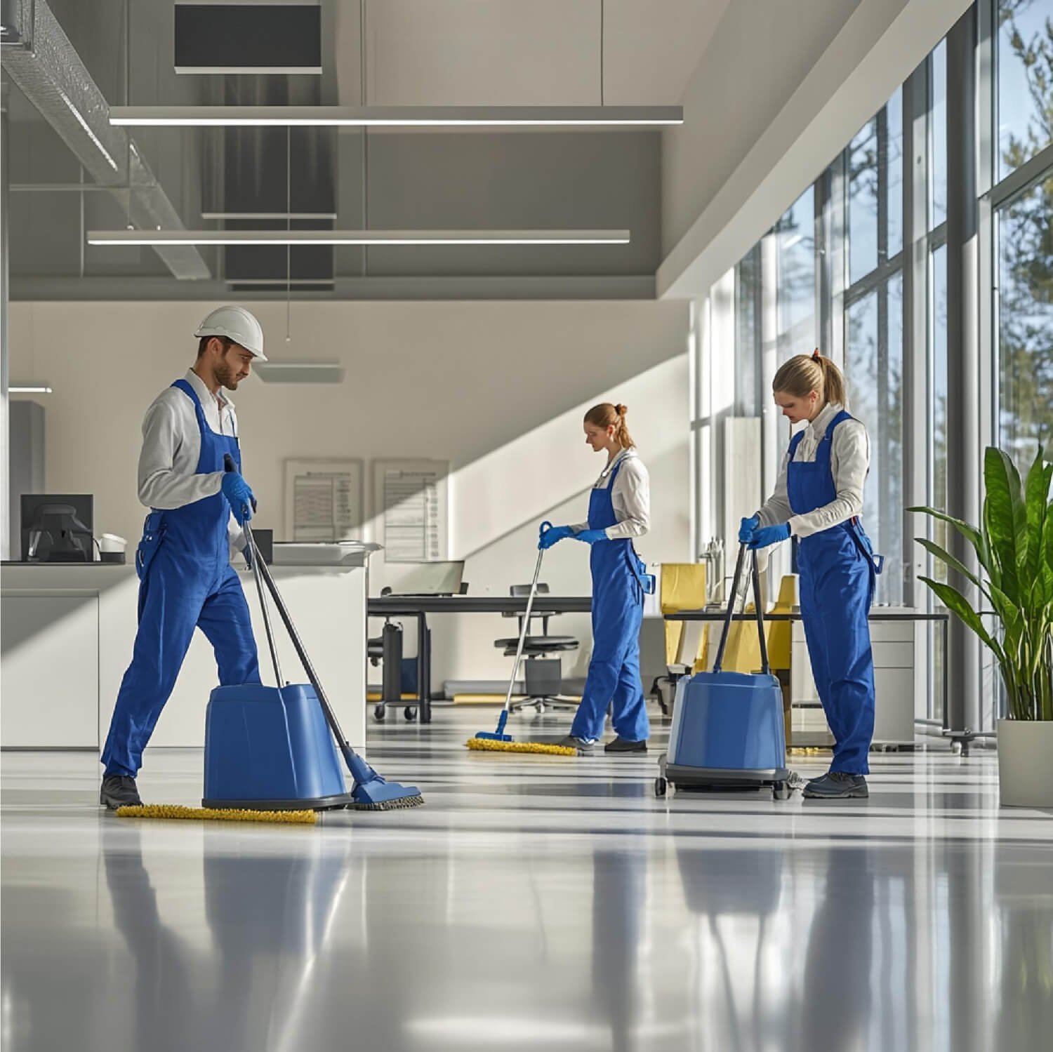 A cleaning team caring for the floors of a bright commercial office.