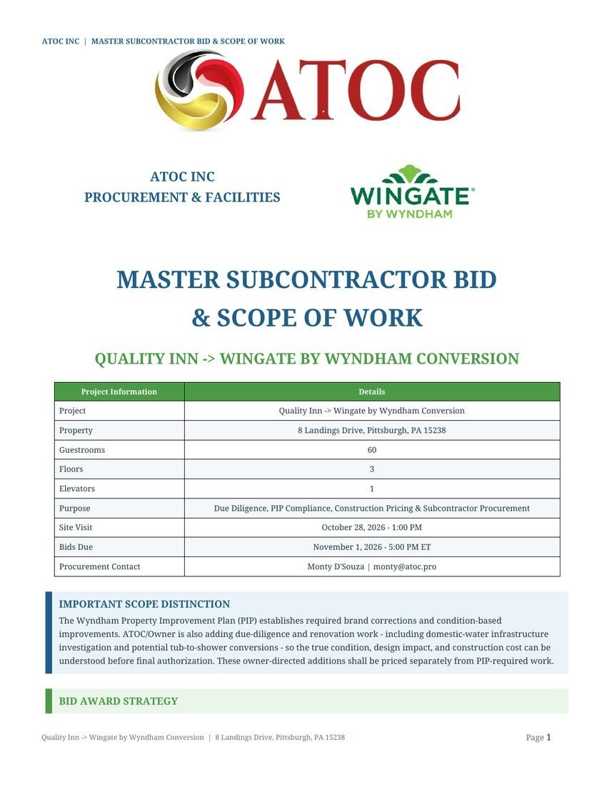 Cover of ATOC Wingate Master Subcontractor Bid and Scope of Work